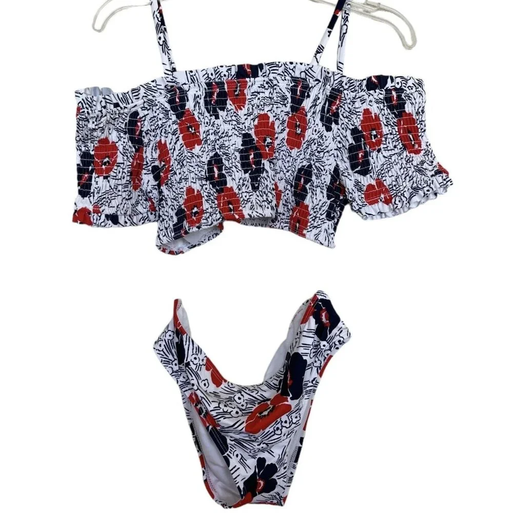 Janie And‎ Jack Bikini Size 16 Floral Smocked Off Shoulder Red White Blue